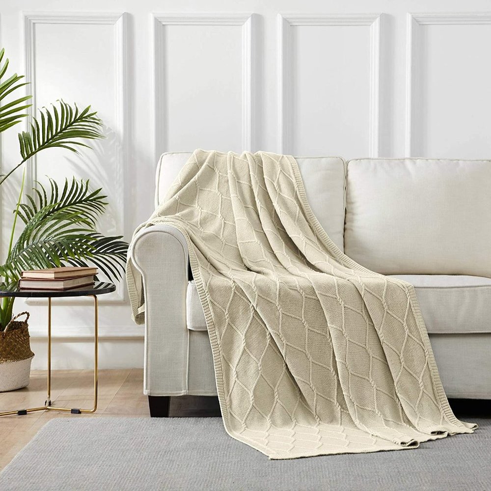 Luxury Cotton Knitted Cable Throw Blanket Cream - Picture 6 of 7